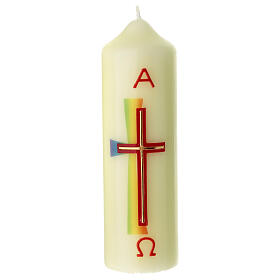 Candle with double rainbow cross 16.5x5 cm