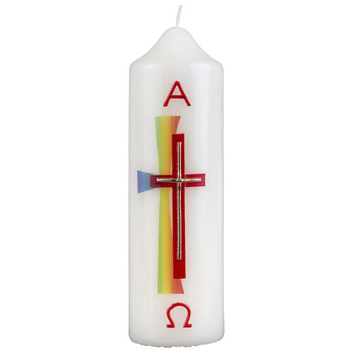 Świeca dek. podwójny krzyż kolor czerwony i złoty oraz tęczowy, 165x50 mm 1