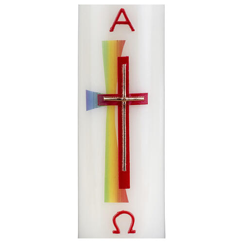 Świeca dek. podwójny krzyż kolor czerwony i złoty oraz tęczowy, 165x50 mm 2