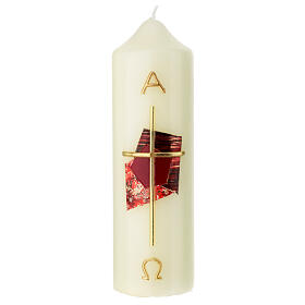 Candela croce dorata sfondo rosso 165x50 mm