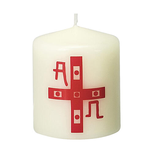Kerze mit rotem Kreuz und Alpha Omega, 60x50 mm 1