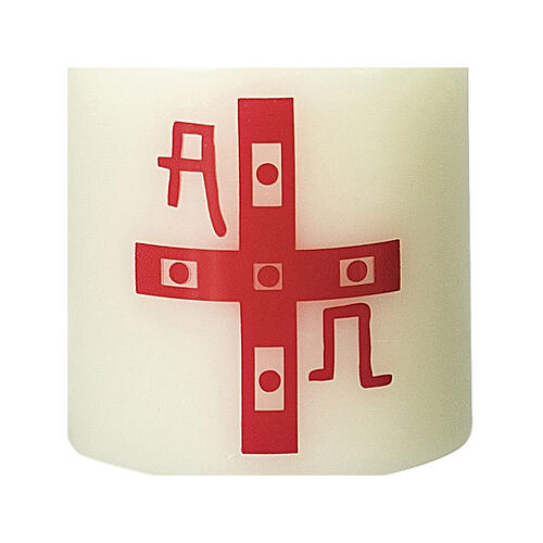 Kerze mit rotem Kreuz und Alpha Omega, 60x50 mm 2