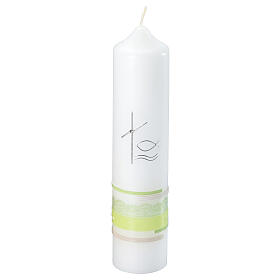 Baptismal candle, green, cross and fish, 265x60 mm
