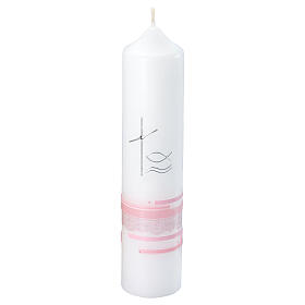 Kerze zur Taufe mit silbernem Kreuz und rosa Details, 265x60 mm