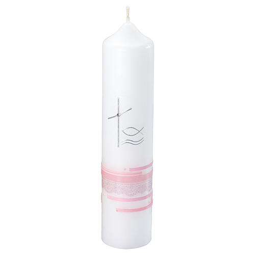 Kerze zur Taufe mit silbernem Kreuz und rosa Details, 265x60 mm 1