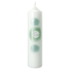 Kerze zur Taufe mit silbernem Kreuz und grünen Details, 265x60 mm
