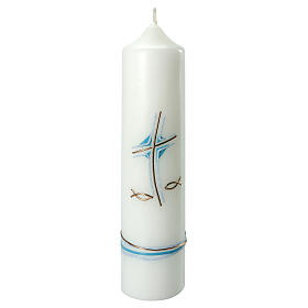 Light blue candle for Baptism, cross and fishes, 265x60 mm