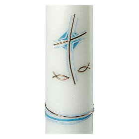 Light blue candle for Baptism, cross and fishes, 265x60 mm
