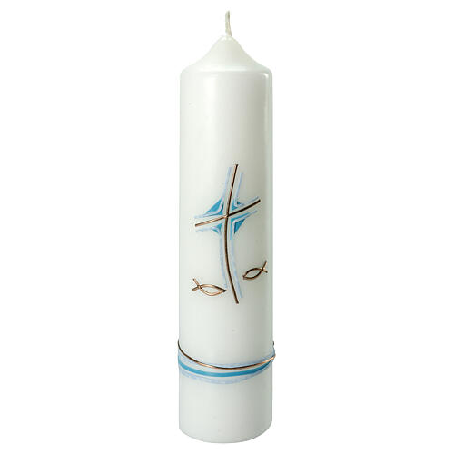 Light blue candle for Baptism, cross and fishes, 265x60 mm 1