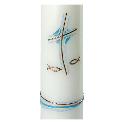 Light blue candle for Baptism, cross and fishes, 265x60 mm 2