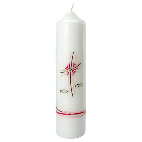 Kerze zur Taufe mit Kreuz und rosafarbenen und goldenen Details, 265x60 mm 1