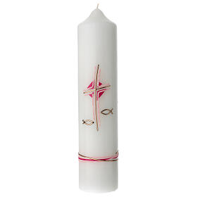 Pink candle for Baptism, cross and fishes, 265x60 mm