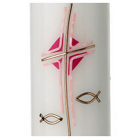 Pink candle for Baptism, cross and fishes, 265x60 mm