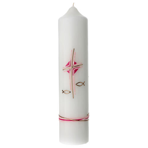 Pink candle for Baptism, cross and fishes, 265x60 mm 1