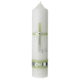 Kerze zur Taufe mit Kreuz und grünen und silbernen Details, 265x60 mm