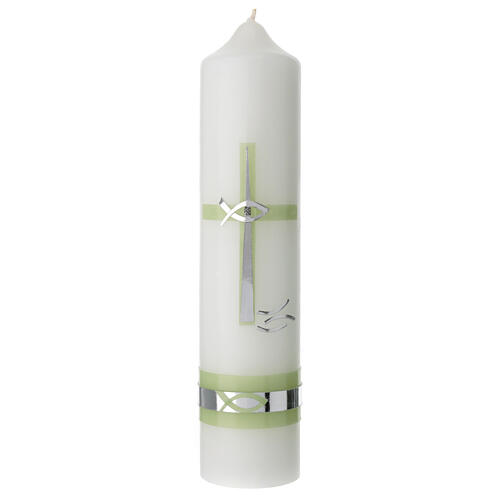 Kerze zur Taufe mit Kreuz und grünen und silbernen Details, 265x60 mm 1
