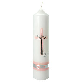 Ivory candle for Baptism, pink and silver cross, 265x60 mm