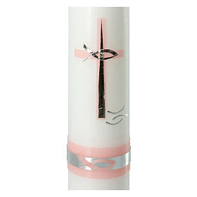Ivory candle for Baptism, pink and silver cross, 265x60 mm