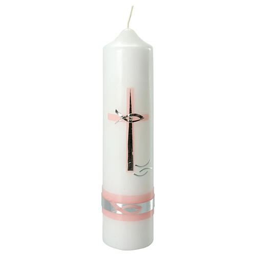 Ivory candle for Baptism, pink and silver cross, 265x60 mm 1
