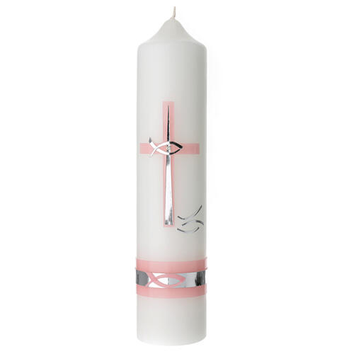 Ivory candle for Baptism, pink and silver cross, 265x60 mm 3
