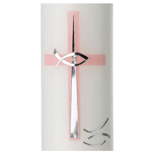 Ivory candle for Baptism, pink and silver cross, 265x60 mm 4