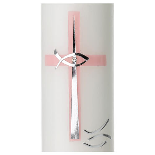 Świeca na Chrzest, kolor kości słoniowej, krzyż różowy i srebrny, 265x60 mm 4