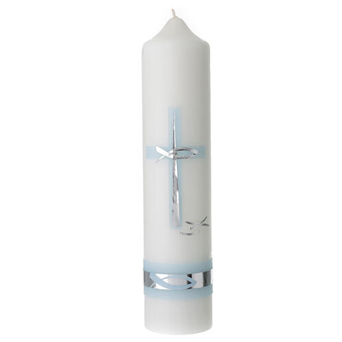 Candle for Baptism, silver and light blue cross, 265x60 mm 1