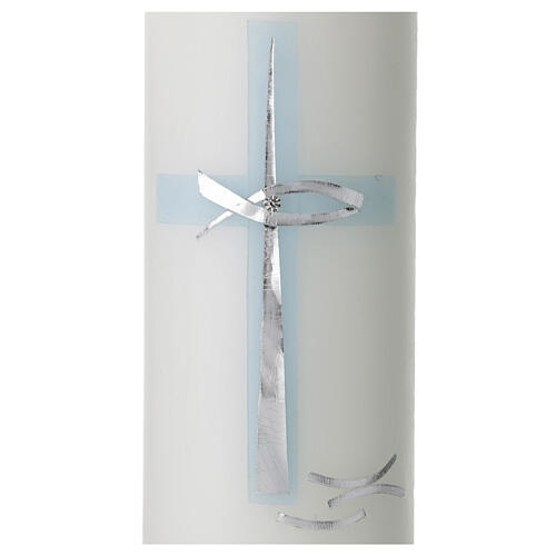 Świeca na Chrzest, krzyż srebrny i błękitny, 265x60 mm 2