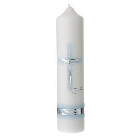Vela Batismo cruz azul clara e prateada 26,5x6 cm
