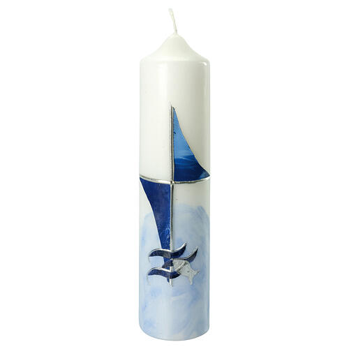 Kerze zur Taufe mit Kreuz und blauem Segel, 265x60 mm 1