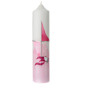 Kerze zur Taufe mit Kreuz und rosafarbenem Segel, 265x60 mm