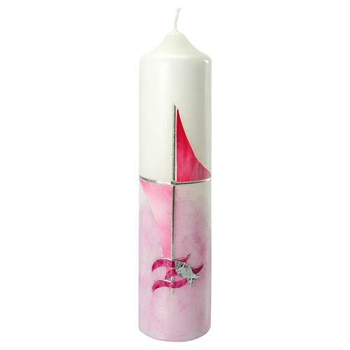 Kerze zur Taufe mit Kreuz und rosafarbenem Segel, 265x60 mm 1