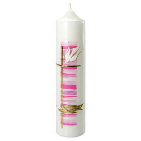 Kerze zur Taufe mit rosafarbenen Details und goldenem Kreuz, 265x60 mm