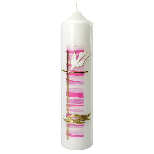 Kerze zur Taufe mit rosafarbenen Details und goldenem Kreuz, 265x60 mm 1