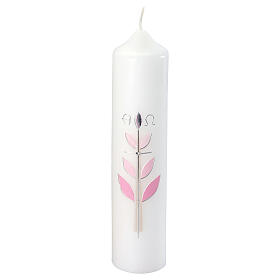 Kerze zur Taufe mit Kreuz und rosafarbenen Blättern, 265x60 mm