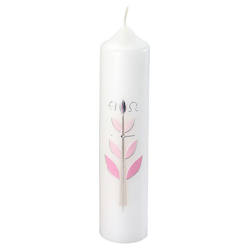 Kerze zur Taufe mit Kreuz und rosafarbenen Blättern, 265x60 mm 1
