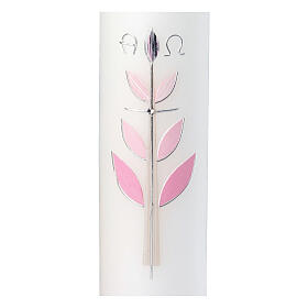 Christening candle, cross with pink leaves, 265x60 mm
