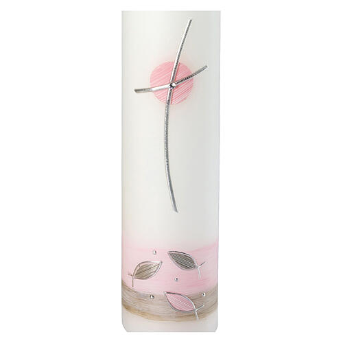 Kerze zur Taufe mit rosafarbenen und silbernen Details, 265x60 mm 2