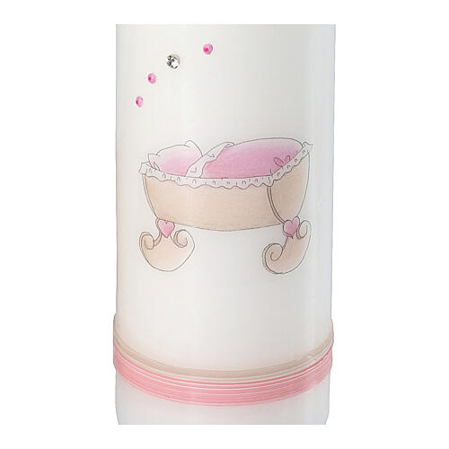 Kerze zur Taufe mit Wiege in rosa, 220x60 mm 2