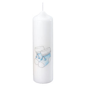 Candle for Christening with light blue baby shoes, 220x60 mm