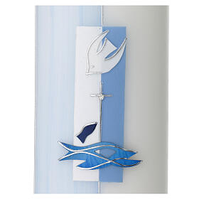 Świeca chrzcielna o owalnym kształcie, błękitna, z krzyżem i wodą, 230x90 mm