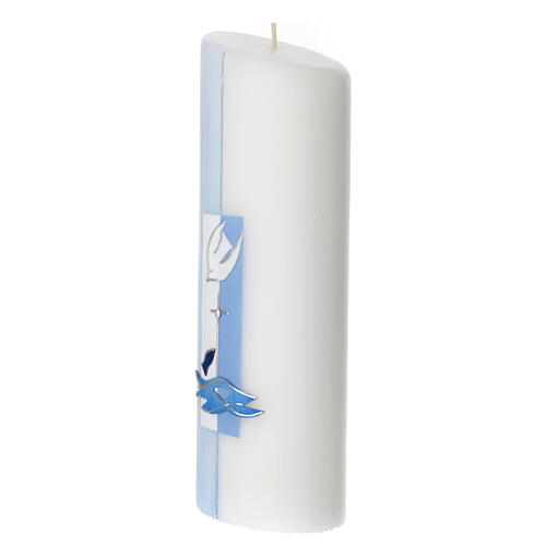 Świeca chrzcielna o owalnym kształcie, błękitna, z krzyżem i wodą, 230x90 mm 3