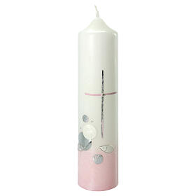 Kerze zur Taufe mit Kreuz und rosafarbenen Details, 265x60 mm