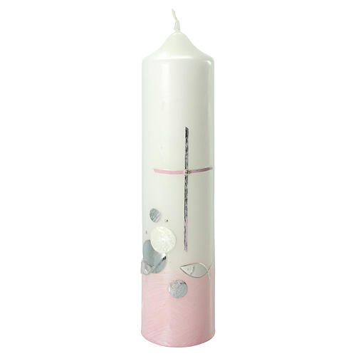 Kerze zur Taufe mit Kreuz und rosafarbenen Details, 265x60 mm 1