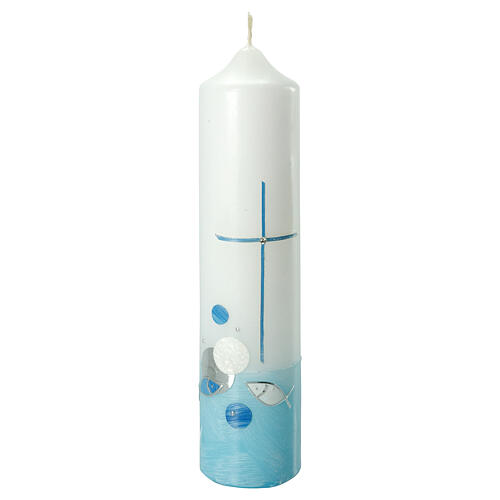 Baptismal candle, light blue, cross and water, 265x60 mm 1