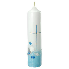Vela Batismo cruz e bolhas base azul-clara 26,5x6 cm