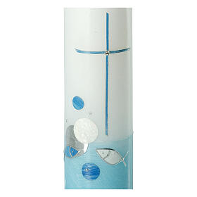 Vela Batismo cruz e bolhas base azul-clara 26,5x6 cm