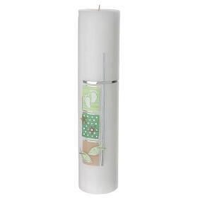 Baptism candle with squares green fish 300x70 mm