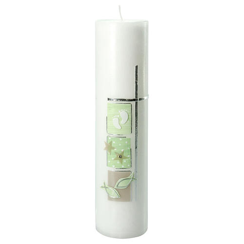 Baptism candle with squares green fish 300x70 mm 1