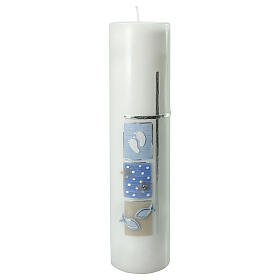 Baptism candle with blue squares silver cross 300x70 mm
